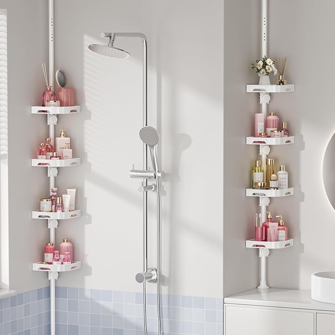 4-Tier Corner Shower Caddy Tension Pole Organizer - Adjustable Rustproof Metal Tension Pole, Plastic Shelves with Safety Guar