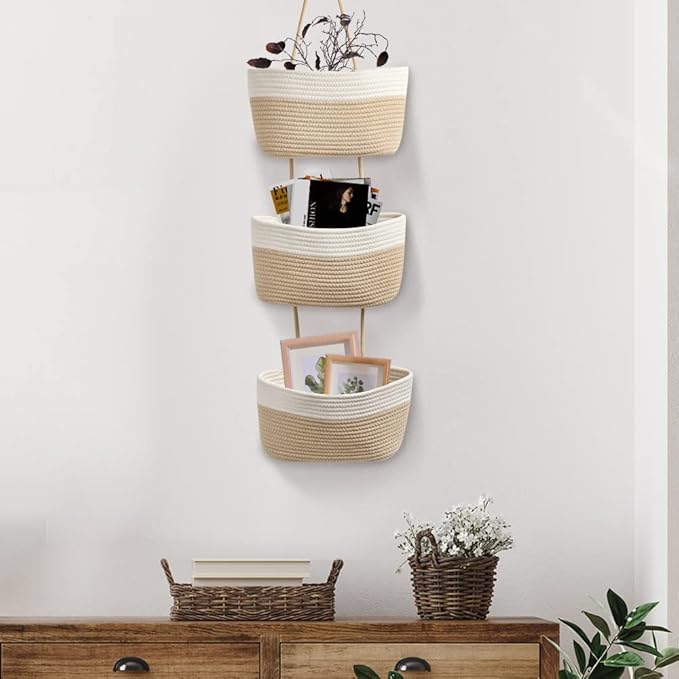 TeoKJ Over the Door Hanging Basket, 3-Tier Woven Cotton Wall-Mounted Storage Organizer Bag Decorative Hanging Nursery Baskets
