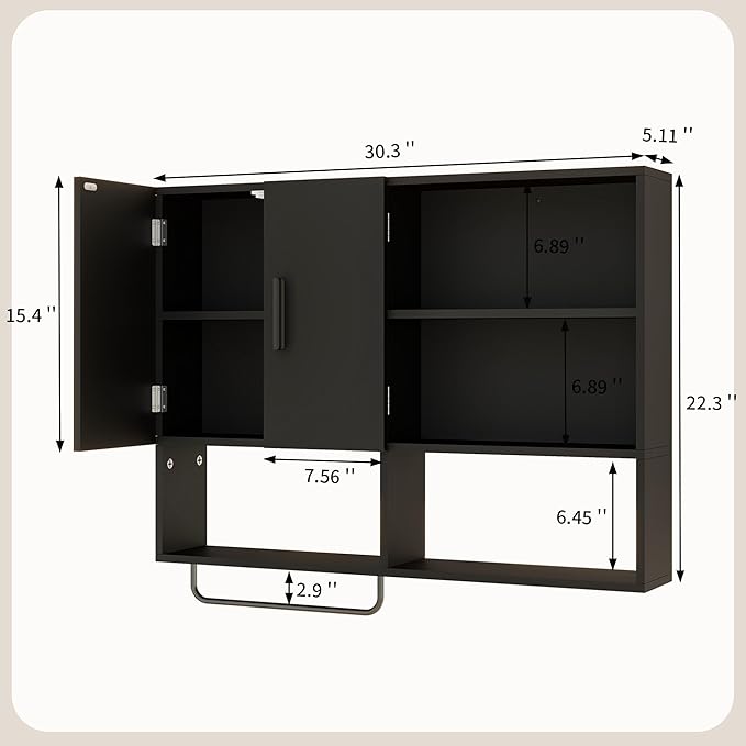 Medicine Cabinet, Wooden Bathroom Wall Cabinet with 2 Doors, Adjustable Shelves & Towel Bar, Over Toilet Storage Cabinet Wall