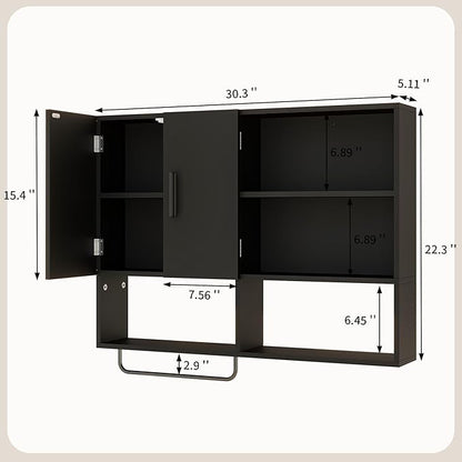 Medicine Cabinet, Wooden Bathroom Wall Cabinet with 2 Doors, Adjustable Shelves & Towel Bar, Over Toilet Storage Cabinet Wall