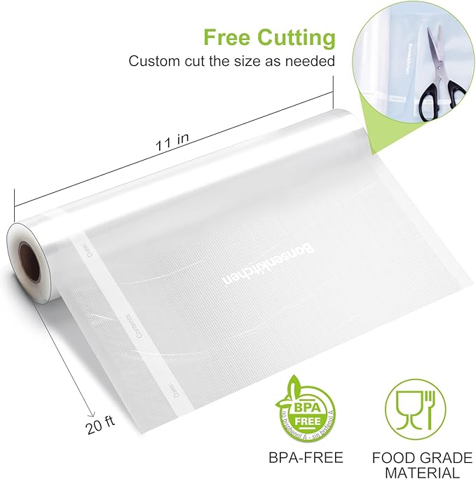 Bonsenkitchen Vacuum Sealer Bags, 11" x 20' Rolls 2 Pack for Food Storage Saver, Bpa Free, Heavy Duty, Commercial Grade Textu