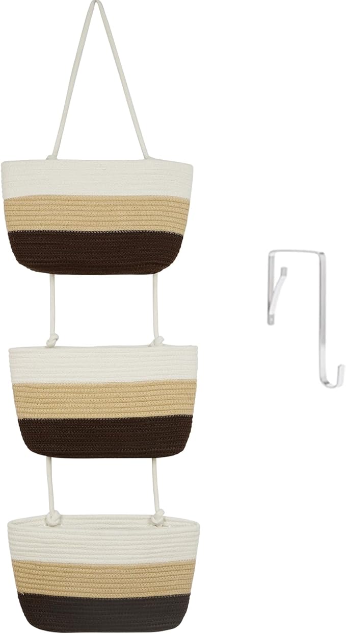 TeoKJ Over the Door Hanging Basket, 3-Tier Woven Cotton Wall-Mounted Storage Organizer Bag Decorative Hanging Nursery Baskets