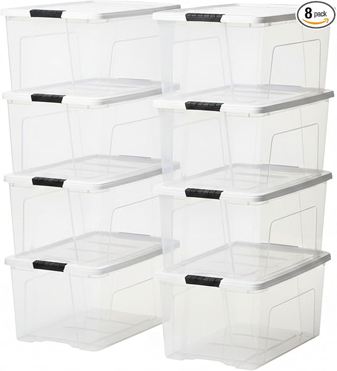IRIS USA 72 Qt Stackable Plastic Storage Bins with Lids, 8 Pack - BPA-Free, Made in USA - See-Through Organizing Solution, La