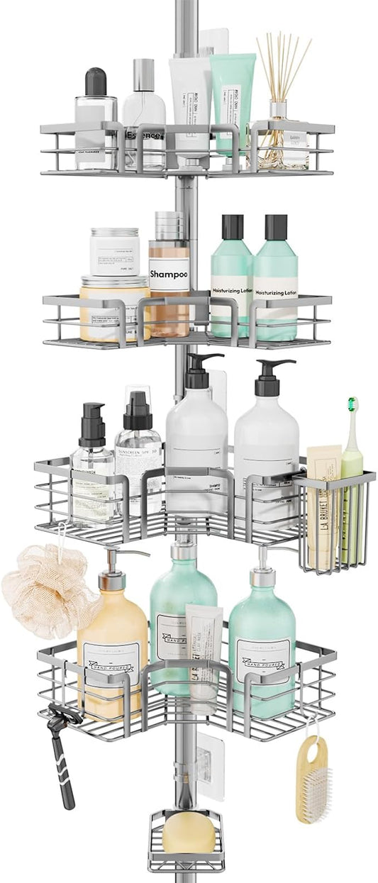 SWTYMIKI Shower Caddy Tension Pole - 4-Tier Corner Shower Organizer Tension Rod with Soap Holder, Toothbrush Holder & 4 Hooks