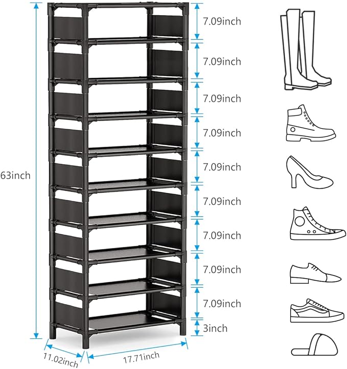 Shoe Rack - 10 Tiers Shoe Organizer with Detachable Fabric Shelves & Metal Frame, Up to 20-25 Pairs Narrow Tall Shoe Rack for