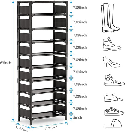 Shoe Rack - 10 Tiers Shoe Organizer with Detachable Fabric Shelves & Metal Frame, Up to 20-25 Pairs Narrow Tall Shoe Rack for