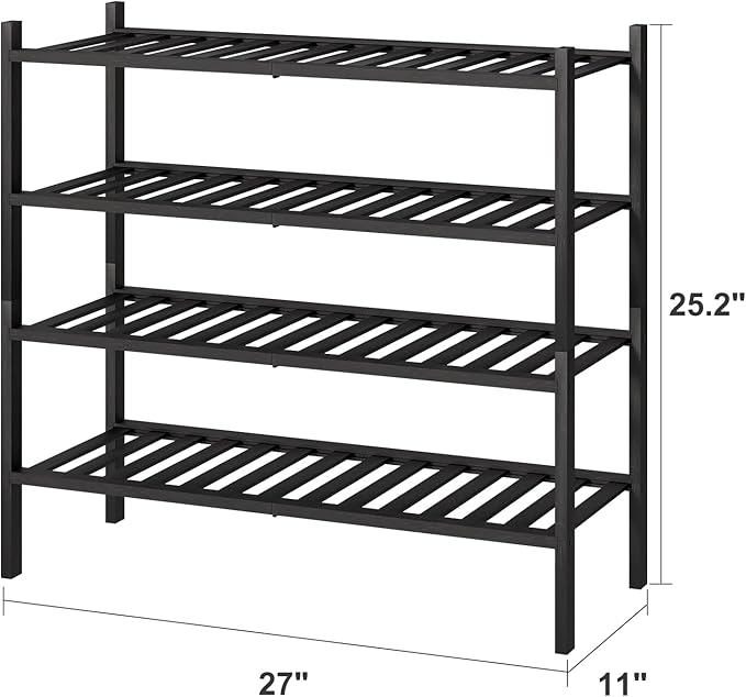 viewcare 4-Tier Black Bamboo Shoe Rack for Entryway, Stackable | Foldable | Natural, Shoe Organizer for Hallway Closet, Free 