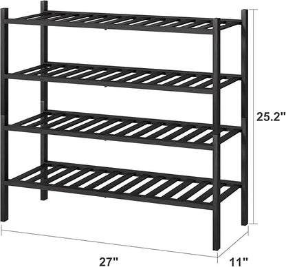 viewcare 4-Tier Black Bamboo Shoe Rack for Entryway, Stackable | Foldable | Natural, Shoe Organizer for Hallway Closet, Free 
