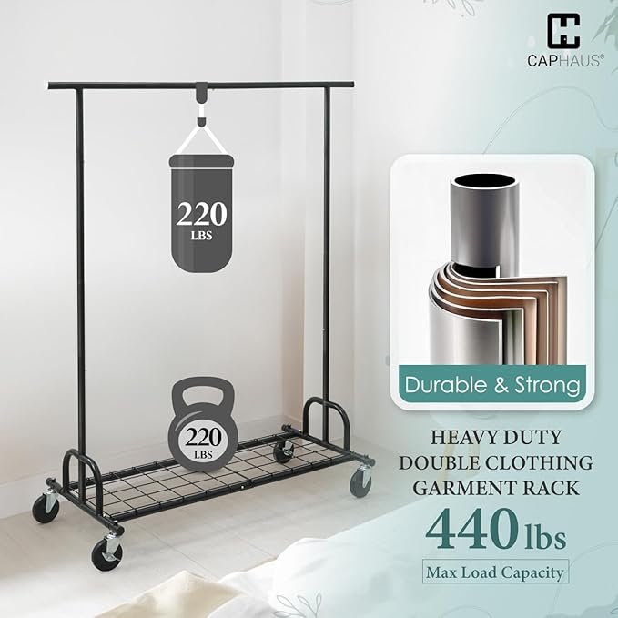 CAPHAUS Heavy Duty Clothes Rack, 440LBS Capacity Rolling Clothing Rack for Hanging Clothes, Adjustable Metal Wardrobe Rack, P