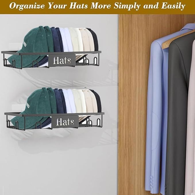 Metal Hat Rack for Wall, 2-Pack Hat Organizer for Baseball Caps Holds 20 Hats, Wall Mounted Hat Storage Holder Display, No Dr