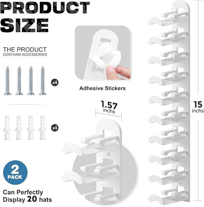 Hat Hook for Wall, 2 Pack Hat Organizer Hold up to 20 Hats,Hat Holder with Strong Adhesive and 8 Pack Screws, Cap Holder Hat 