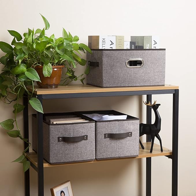PRANDOM Fodable Storage Baskets for Closet [5-Pack] Decorative Fabric Storage Bins Cubes with Leather/Metal Handles for Shelv
