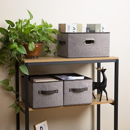PRANDOM Fodable Storage Baskets for Closet [5-Pack] Decorative Fabric Storage Bins Cubes with Leather/Metal Handles for Shelv