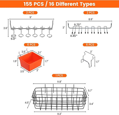 ENJOYWOOD Pegboard Organizer Accessories Kit 155 PCS, Peg Board Hooks Assortment with Bins, Baskets for 1/4 inch Pegboard Wal