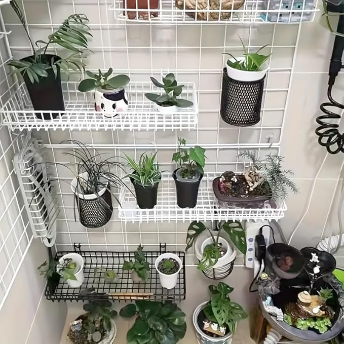 4 Pack 15.75 x 6 x 2.36 Inch Metal Grid Wall Baskets with Hooks, Hanging Wire Grid Basket, Multi-Function Wall Mounted Organi