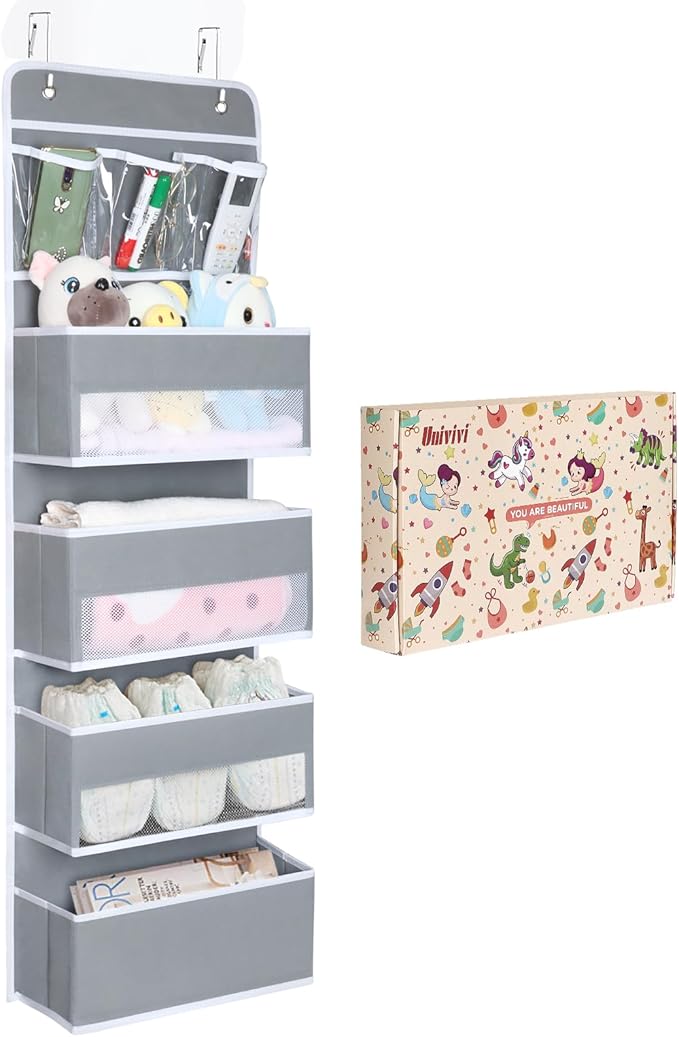 Univivi Door Hanging Organizer Nursery Closet Cabinet Baby Storage with 4 Large Pockets and 3 Small PVC Pockets for Cosmetics