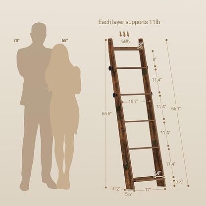 Hzuaneri Blanket Ladder for Living Room, Decorative Quilt Rack with 4 Removable Hooks, 6-Tier Blanket Ladder Shelf for Bedroo
