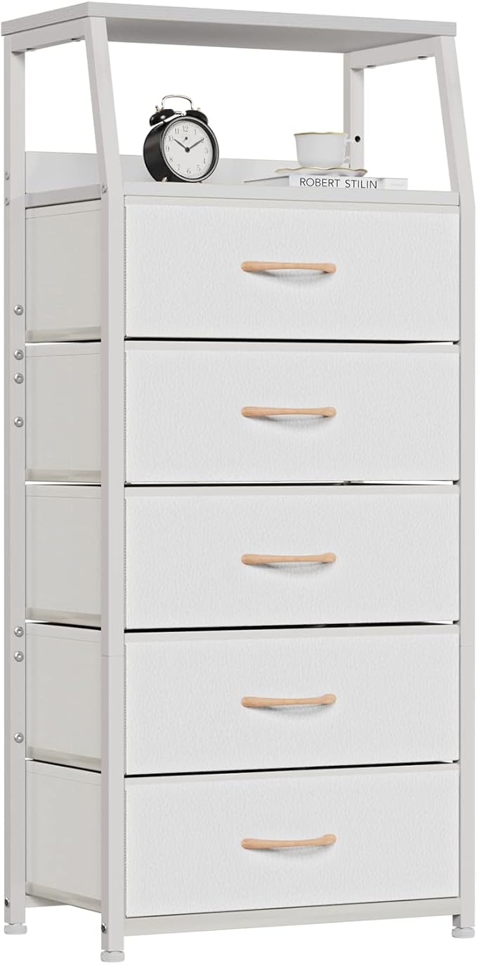 Furnulem White Dresser with 5 Drawers, Vertical Storage Tower Fabric Dresser for Bedroom, Hallway, Entryway, Nursery, Closet 