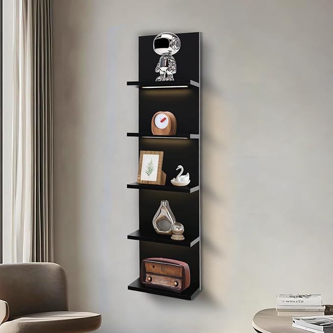 5 Tier Wall Shelf Unit, Black Shelves,Lack Shelf, Wall Shelves for Bedroom，Office,Bathroom, Vanity Shelves with LED Remote Co