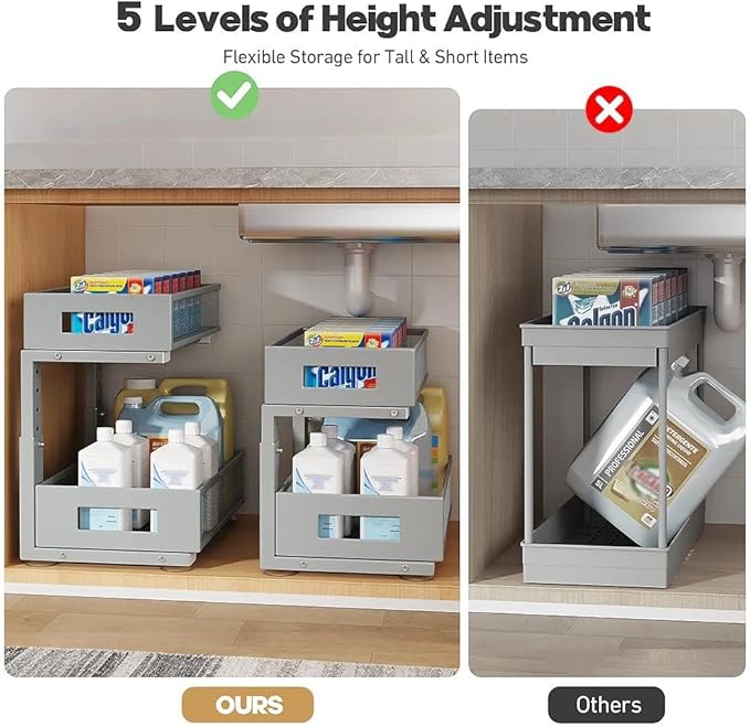 Under Sink Organizer, 2-Tier Dual Pull Out Cabinet Organizer Drawers With Smooth Circular Rail,Large Capacity Metal Mesh Slid