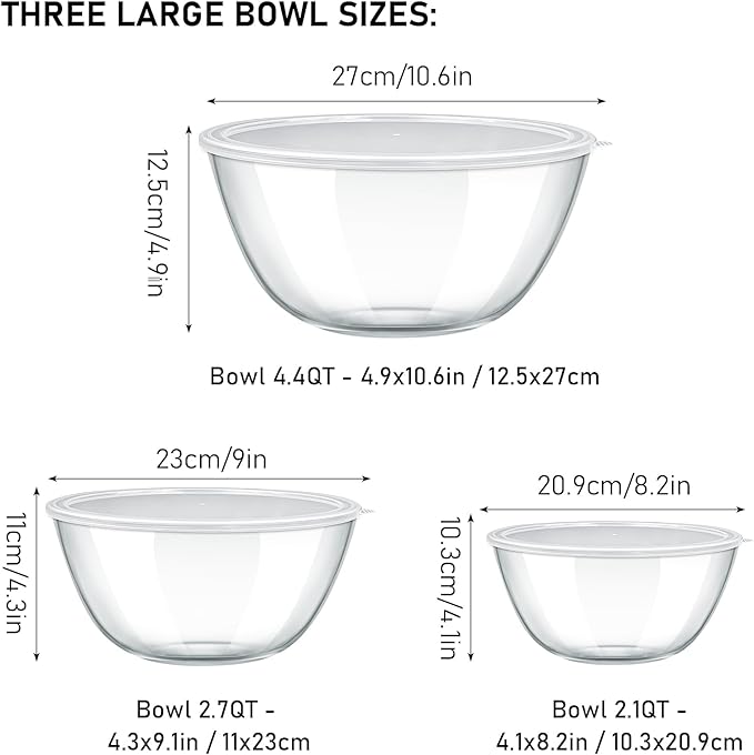 Glass Mixing Bowls with Lids Set of 3(4.4QT,2.7QT,2.1QT),Thick Glass Bowls Clear Salad Bowl Nesting for Baking,Cooking,Serving, Food Prep,Storage,Dishwasher Microwave Freezer Safe