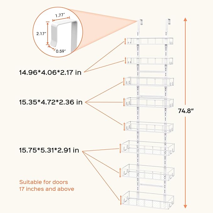 Bunoxea White 8-Tier Over The Door Pantry Organizer, Pantry Organization And Storage, Metal Hanging Spice Rack Shelves Door, 