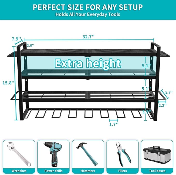 Power Tool Organizer Wall Mount Loads 400lbs, 4 Layers Heavy Duty Tool Organizers and Storage, Cordless Tool Rack with 8 Dril