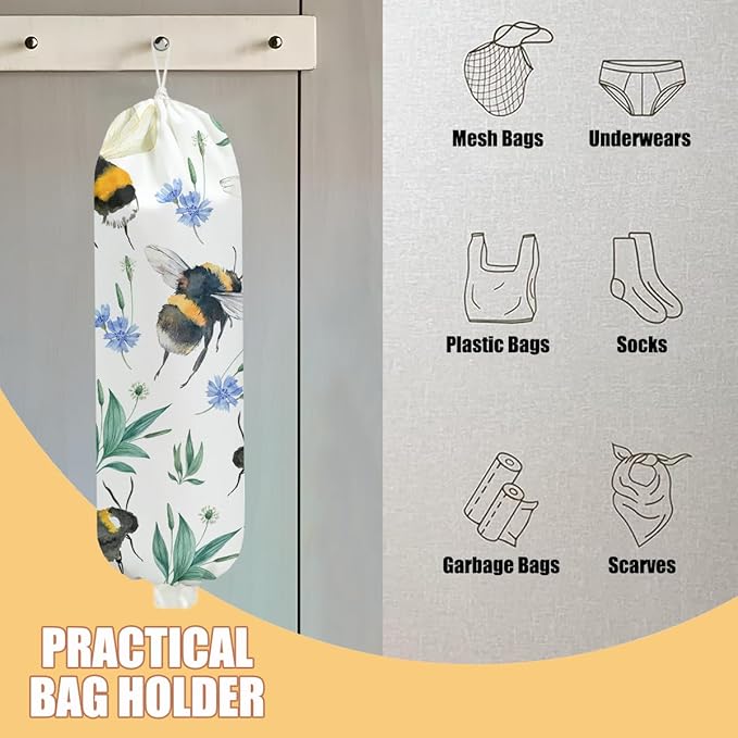 2 Pcs Bee Plastic Bag Holder, Sunflower Grocery Bag Holder Plastic Storage bag, Large Washable Grocery Bags Storage Dispenser for Home Kitchen Pantry Decor, Flower Gifts for Women Mom Grandma