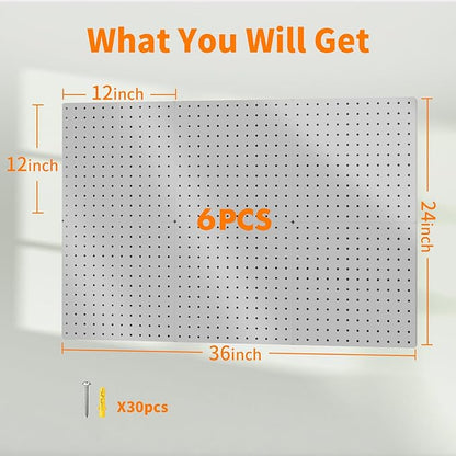 Peg Board, 6PCS Metal Pegboard, Heavy Duty Pegboard Wall Organizer with Frame. Pegboard for Walls, Garage, Workbench, Craft R