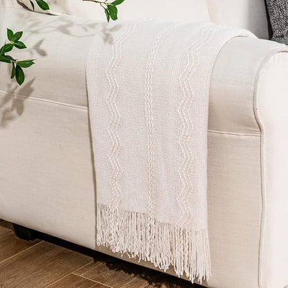 BATTILO HOME Cream Throw Blanket for Couch, Bedroom Decor Boho Throw Blanket, Decorative White Blanket Throw for Sofa Living 