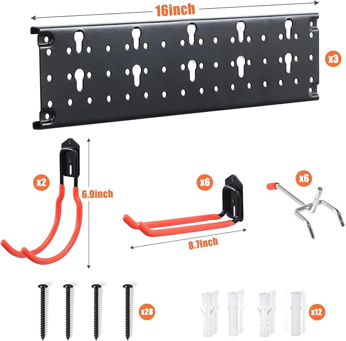 Ultrawall Multi-Storage Garage Hooks, Utility Rack with Multiple Installation Methods, Wall-Mounted Garden Tool Organizer Sys
