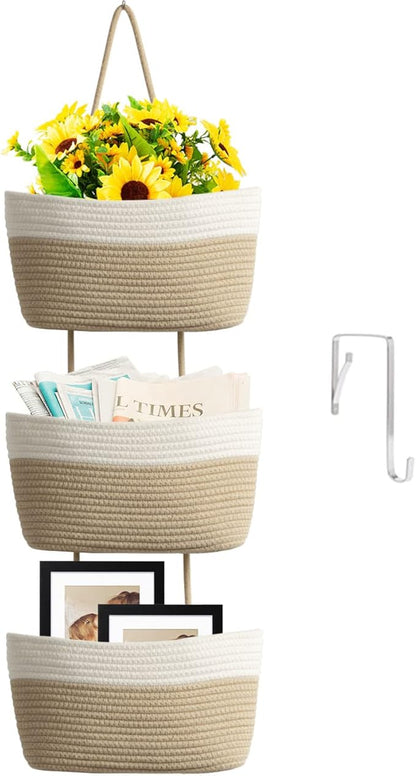 TeoKJ Over the Door Hanging Basket, 3-Tier Woven Cotton Wall-Mounted Storage Organizer Bag Decorative Hanging Nursery Baskets