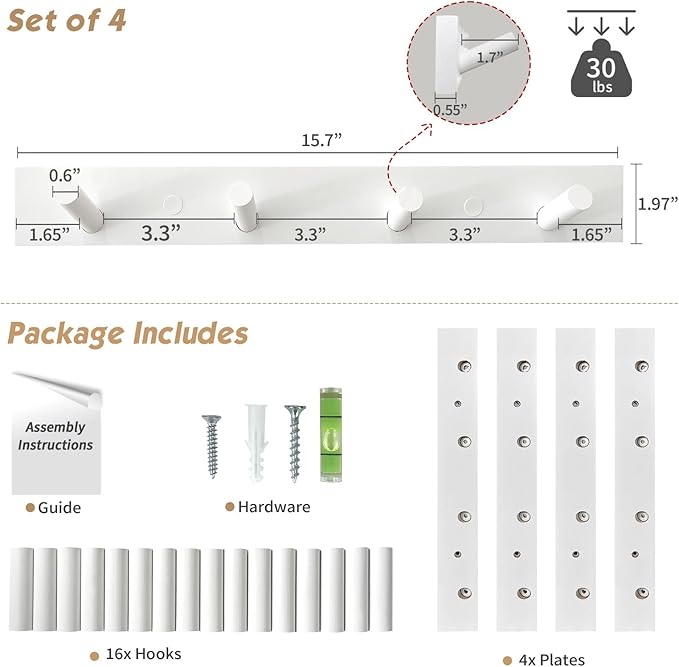 Forbena White Coat Hooks Wall Mount for Hanging 4 Pack, 16 Inch Wood Entryway Coat Rack Wall Mounted Heavy Duty, Modern Large