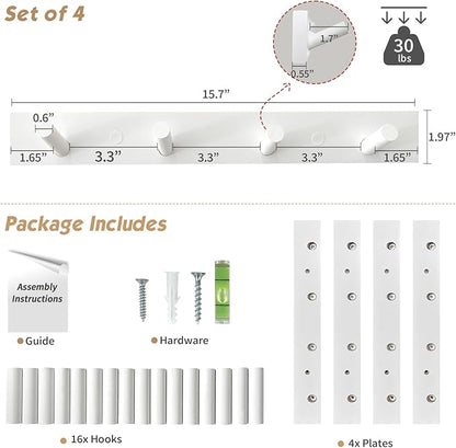 Forbena White Coat Hooks Wall Mount for Hanging 4 Pack, 16 Inch Wood Entryway Coat Rack Wall Mounted Heavy Duty, Modern Large