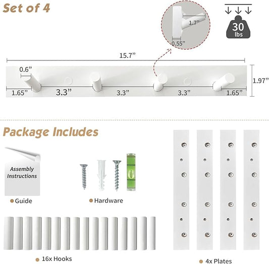 Forbena White Coat Hooks Wall Mount for Hanging 4 Pack, 16 Inch Wood Entryway Coat Rack Wall Mounted Heavy Duty, Modern Large