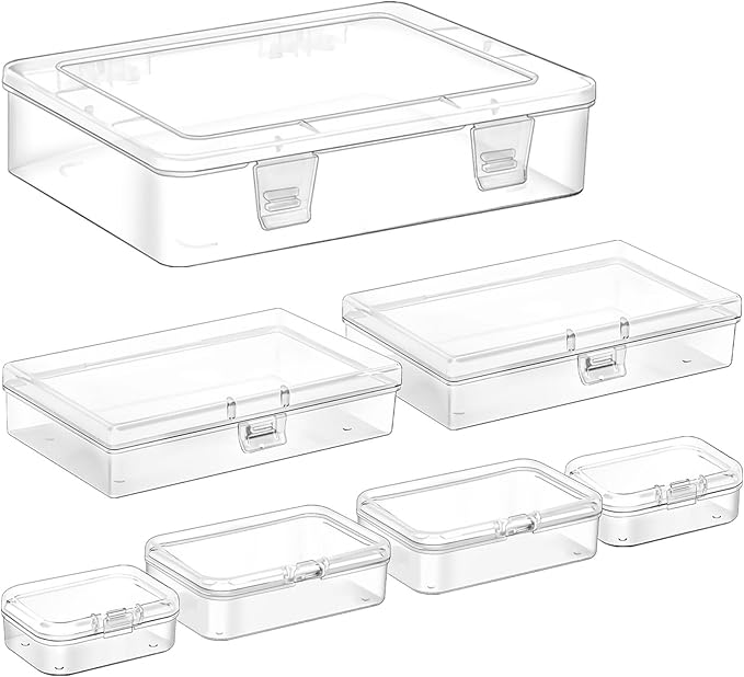 7 Pack Mixed Sizes Rectangular Mini Plastic Containers Clear Plastic Storage Boxes with Hinged Lids Empty Beads Organizers fo
