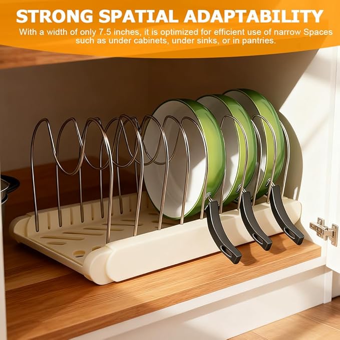 Pot and Pan Organizer, Expandable Pan Organizer for Cabinet, Pot Lid Holder with 10 Adjustable Compartments for Kitchen Cabinet Cookware Baking Frying Rack(White)