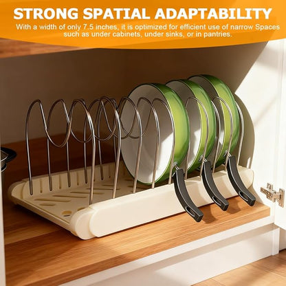Pots and Pans Organizer for under Cabinet, Expandable Pot Lid Holder with 10 Adjustable Compartment, Pan Organizers inside Cabinet for Lids, Bakeware, Cutting Boards(COLOR:White)