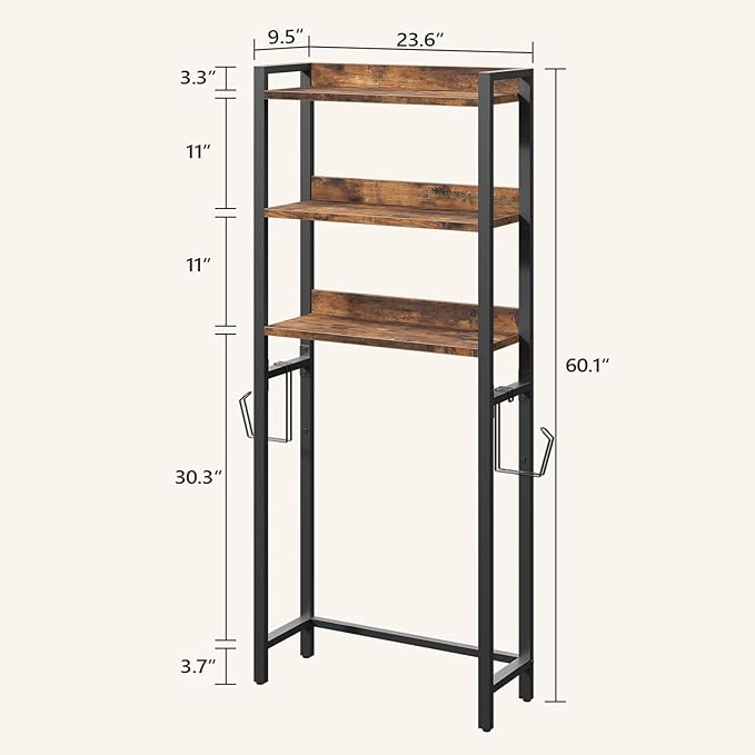 Over The Toilet Storage Rack, 3 Tier Bathroom Organizer Over Toilet, Freestanding Space Saver Toilet Stand with 2 Hooks, Bath