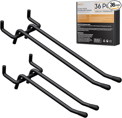 INCLY 4/6 Inch Black Pegboard Hooks, 36 Pack Heavy Duty Double Arm Peg Board Straight Hooks, Peg Board Tool Hangers Fit for 1