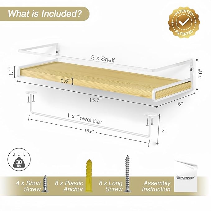 Forbena Floating Shelves for Wall with Rail, White and Natural Wood Nursery Book Shelves for Baby Girls Boys Kids Room Bedroo