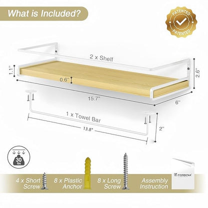 Forbena Floating Shelves for Wall with Rail, White and Natural Wood Nursery Book Shelves for Baby Girls Boys Kids Room Bedroo