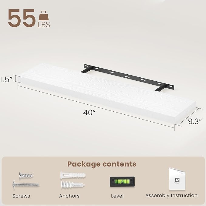 Vivelove White Floating Shelves 40 Inches Long, Wall Display Shelves with Invisible Brackets, for Bathroom Living Room Kitche