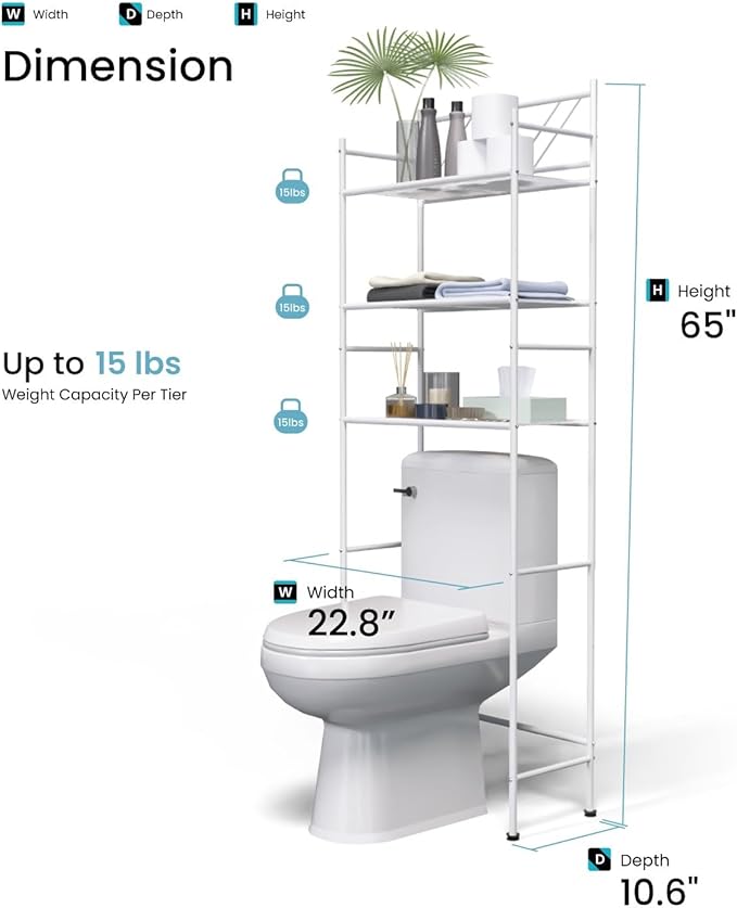 Home Zone Living Over the Toilet Bathroom Storage Organizer with 3 Tiers of Shelving Rack Space