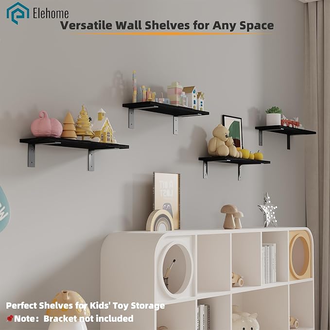 Floating Shelf Board for Wall 5/8" – No Brackets – 24" L x 10" W x 0.6" T Black Wood Melamine Wood Floating Shelves for Bathr