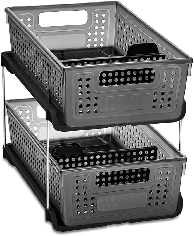 madesmart Antimicrobial 2-Tier Organizer Multi-Purpose Slide-Out Storage with Handles and Dividers for Home and Bath, Pack of