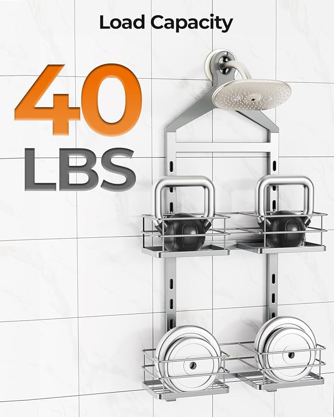 ODesign 2 Tier Height-Adjustable Shower Caddy Hanging Anti-Swing-Over The Shower Head Caddy-Storage Organizer Bathroom Shelve