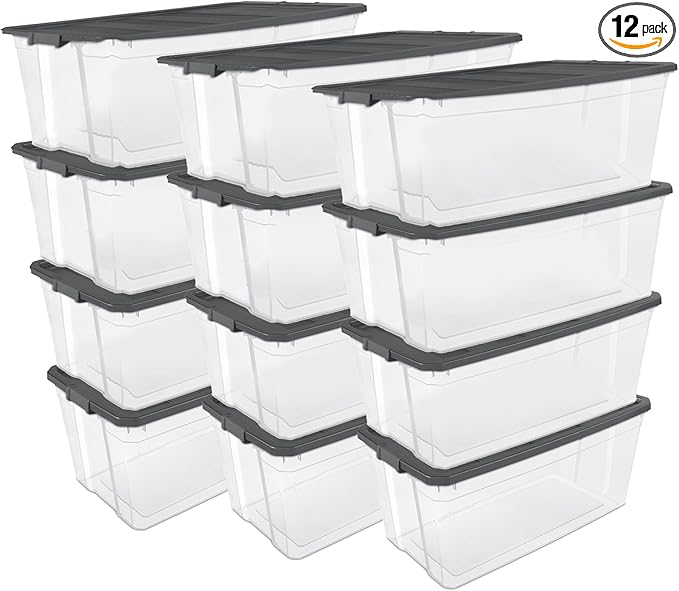 Sterilite 12-Pack Modular Stacker Box, Durable Clear Plastic Storage Bins with Latching Lids, 200 Quart - Stackable Organizin