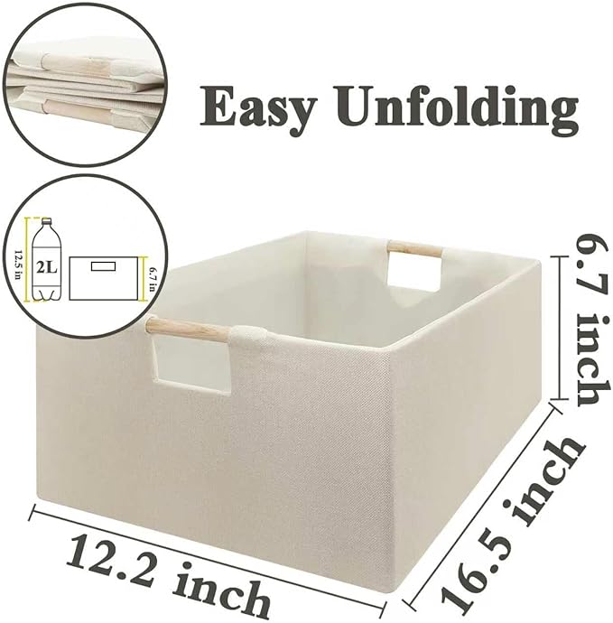 Foldable Fabric Storage Cubes, 2 Packs Cloth Storage Baskets with Wooden Handles, Collapsible Shelf Closet Organizer Bins, Re