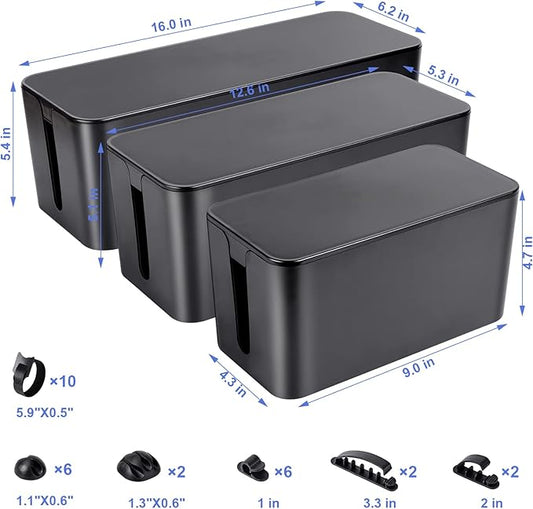 Cable Organizer Box Set of Three, Power Cover Cord Holder Surge Protector for Desk (Black)